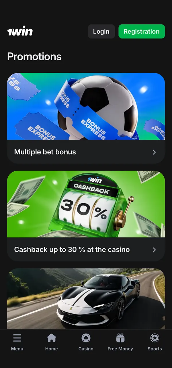 Open promotions and bonuses in the 1Win app on iOS